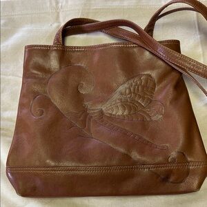 Wilsons Leather Tan Tote with Burned In Dragonfly Design